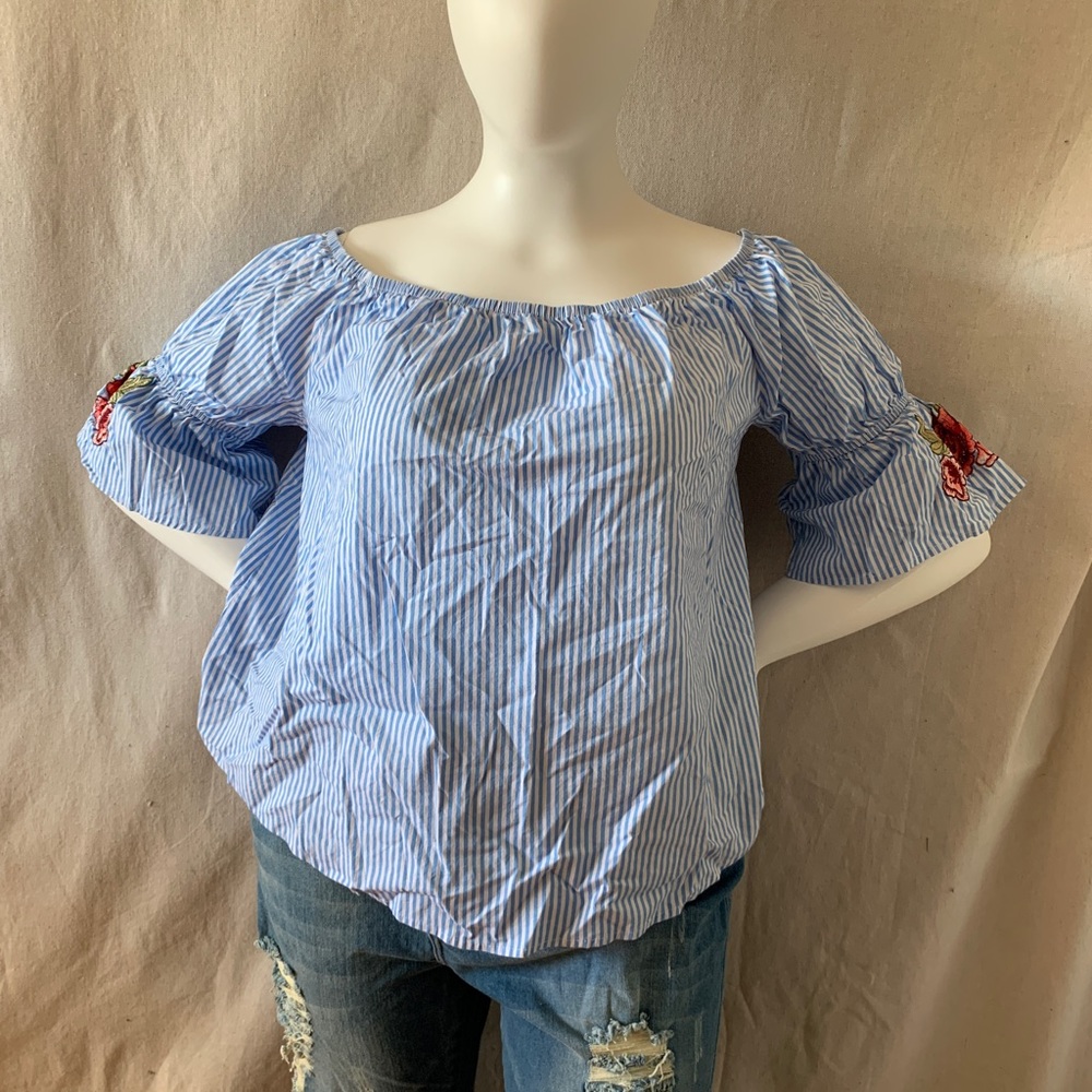 Ambiance floral embroidered blue and white stripped too 3xl